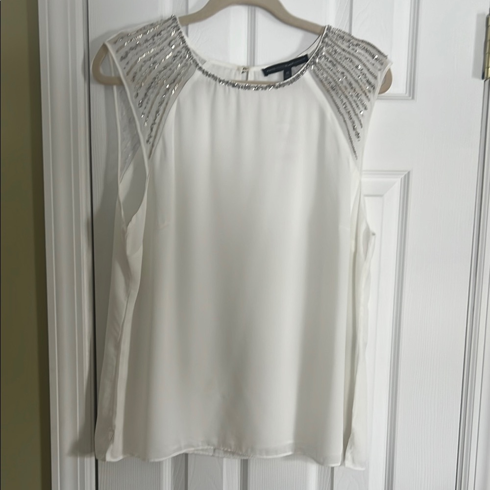 Elegant White Sleeveless Top with Silver bead Accents